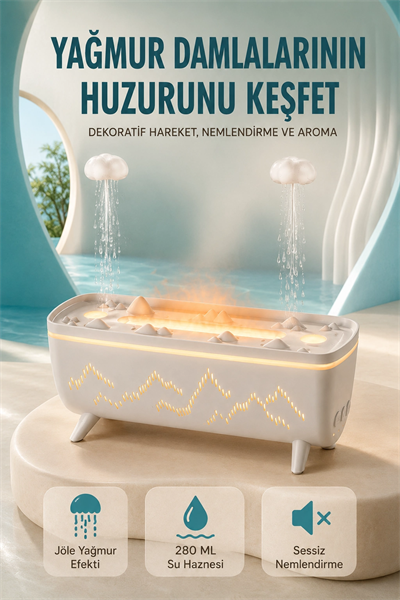 Dekoratif Hava Nemlendirici ve Aromaterapi Difüzörü 280 ML Yağmur Efektli Renkli LED Işıklı