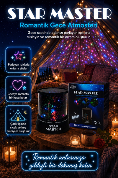 Dekoratif LED Yıldız Gece Lambası Renkli Işık Efektli Oda Atmosfer Projektörü