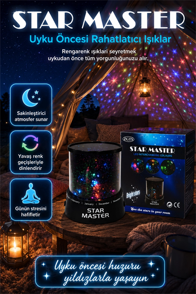 Dekoratif LED Yıldız Gece Lambası Renkli Işık Efektli Oda Atmosfer Projektörü