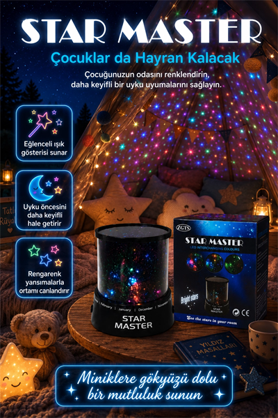 Dekoratif LED Yıldız Gece Lambası Renkli Işık Efektli Oda Atmosfer Projektörü
