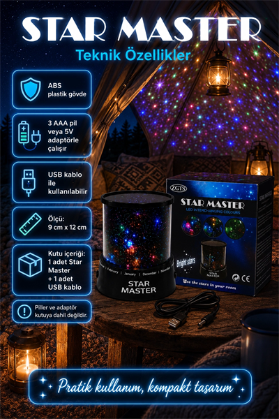 Dekoratif LED Yıldız Gece Lambası Renkli Işık Efektli Oda Atmosfer Projektörü