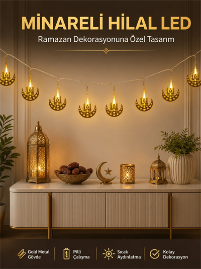 Dekoratif Minareli Hilal LED Işık Metal Gövdeli Ramazan Aydınlatma