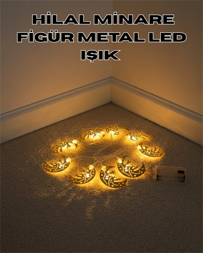 Dekoratif Minareli Hilal LED Işık Metal Gövdeli Ramazan Aydınlatma