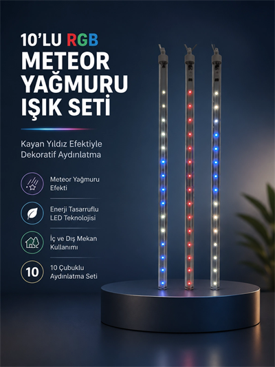 Dekoratif RGB LED Işık Çubuğu Seti 10 Adet Çubuk Kayan Yıldız Efektli