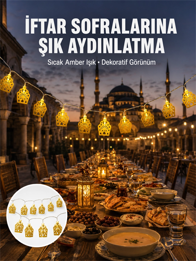 Dekoratif Ramazan LED Işık Pilli Cami Tasarımlı Zincir Aydınlatma Yeni Nesil