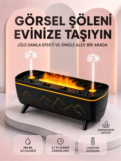 Dekoratif Siyah Hava Nemlendirici Jöle Damla ve Alev Efektli LED Işıklı Aroma Difüzörü