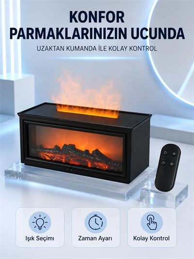 Dekoratif Şömine Görünümlü Nemlendirici Uzaktan Kumandalı Renkli LED Işıklı Difüzör