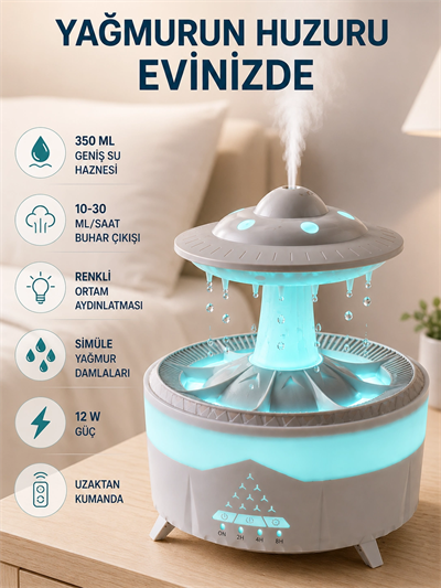 Dekoratif UFO Hava Nemlendirici Simüle Yağmur Damlalı Renkli Gece Işıklı 350 ML