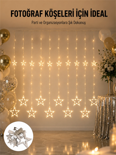 Dekoratif Yıldız Peri Led Perde 3x3 Metre Ortam Işığı Yeni Nesil