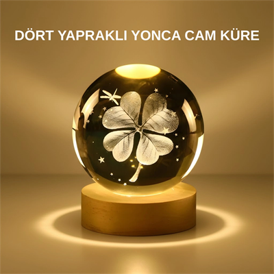 Dekoratif Yonca Görünümlü Işıklı Kristal Cam Küre USB Masa Gece Lambası