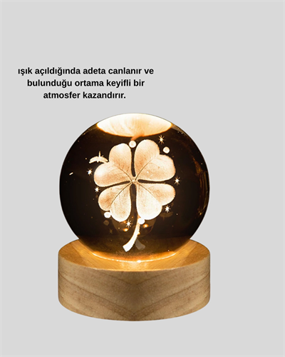 Dekoratif Yonca Görünümlü Işıklı Kristal Cam Küre USB Masa Gece Lambası