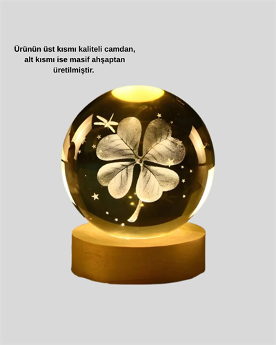 Dekoratif Yonca Görünümlü Işıklı Kristal Cam Küre USB Masa Gece Lambası