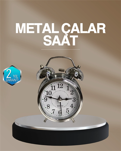 Dekoratif Yuvarlak Gümüş Sessiz Işıklı Masa Üstü Çalar Saat Alarmlı ve Şık Tasarım