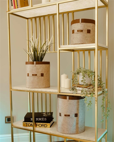 Deri Şeritli Yuvarlak Çok Amaçlı Düzenleyici Organizer Kutu Keçe Sepet (3lü Set)