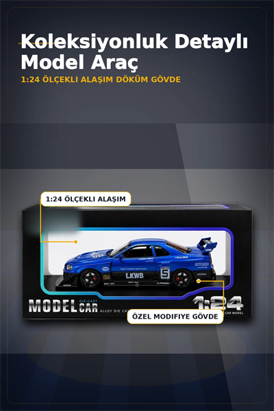 Detaylı 1/24 Ölçek R34 Modifiye Spor Model Araç - Tek Renk Seçimli, Koleksiyonluk Oyunca BX-313408