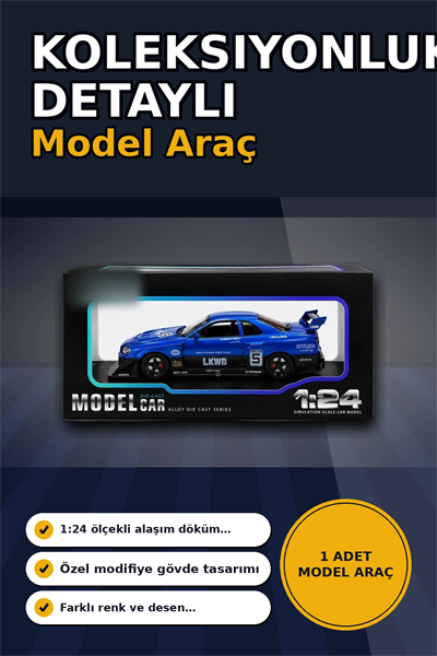 Detaylı 1/24 Ölçek R34 Modifiye Spor Model Araç - Tek Renk Seçimli, Koleksiyonluk Oyunca BX-313408