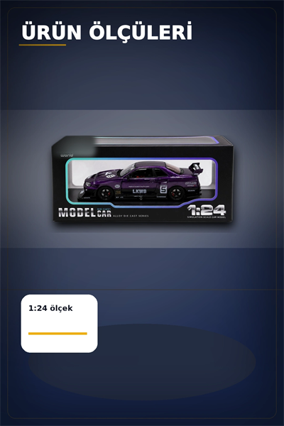 Detaylı 1/24 Ölçek R34 Modifiye Spor Model Araç - Tek Renk Seçimli, Koleksiyonluk Oyunca BX-313408
