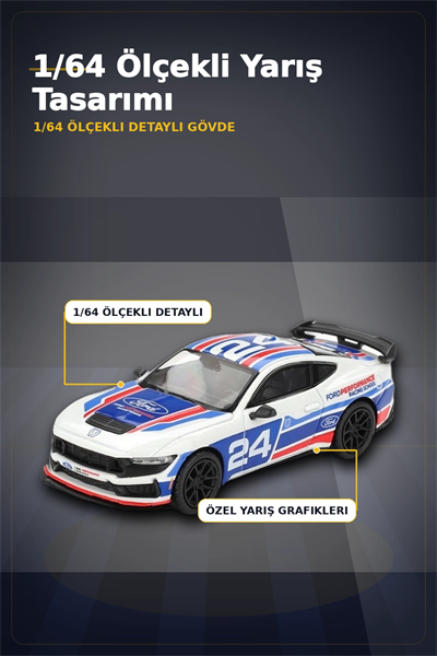 Detaylı 1/64 Ölçekli Ford Mustang Dark Horse Yarış Arabası Modeli - #24 Takım Aracı BX-313380