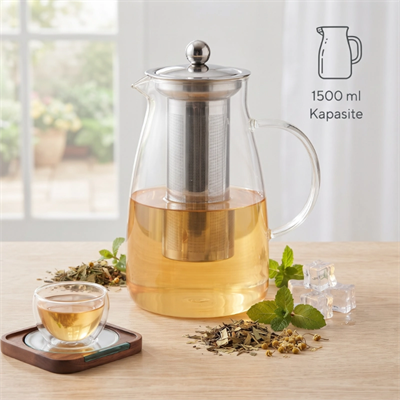 Detoks Sürahisi - 1500 ml - Paslanmaz Çelik Filtre - Cam