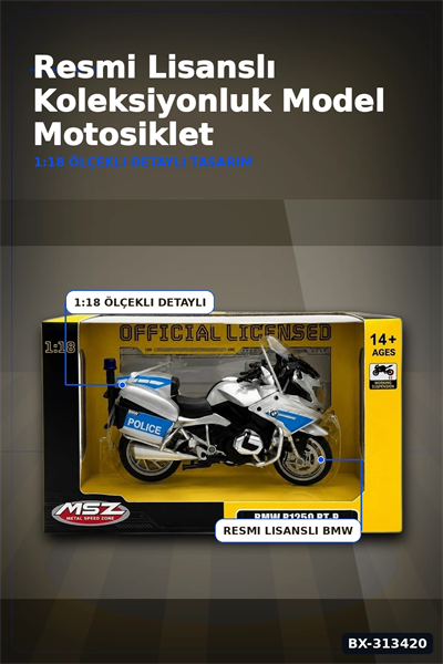 Die-Cast 1:18 Ölçekli Alman Polis BMW R1250RT Motosiklet Modeli 1 Adet BX-313420