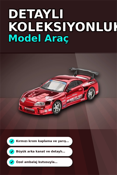 Diecast 1/64 Toyota Supra A80 Top Secret GT-300 Kırmızı Krom Model Araba BX-313385