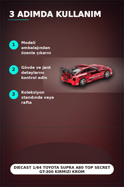 Diecast 1/64 Toyota Supra A80 Top Secret GT-300 Kırmızı Krom Model Araba BX-313385