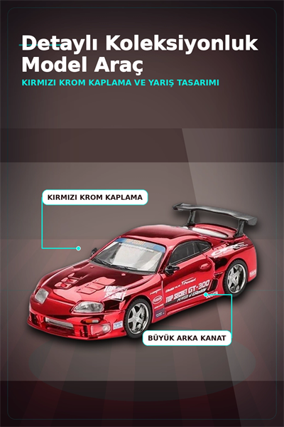 Diecast 1/64 Toyota Supra A80 Top Secret GT-300 Kırmızı Krom Model Araba BX-313385