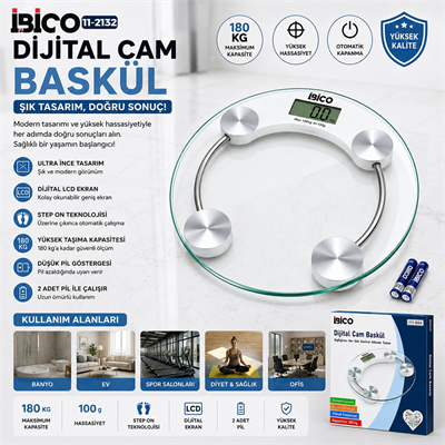 Dijital - Pilli Yuvarlak Banyo Baskül Terazi Tartı Lcd Ekran 180kg/0.1g 30x30cm İ11-026 Bx40