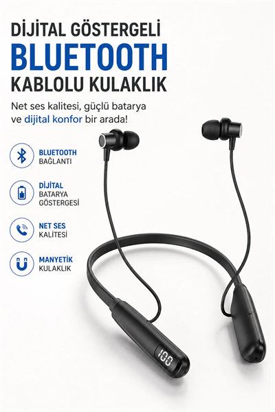 Dijital Batarya Göstergeli Bluetooth Özellikli Boyun Askılı Kulaklık
