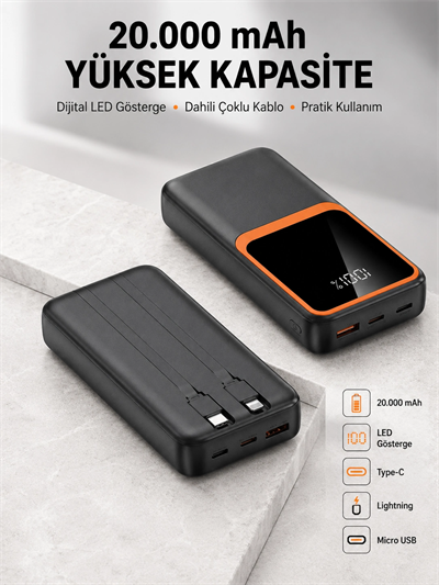 Dijital Ekranlı 20.000 mAh Powerbank | 22.5W Hızlı Şarj + Çoklu Bağlantı Seçeneği Yeni Nesil