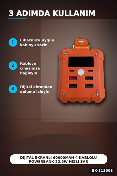 Dijital Ekranli 60000mAh 4 Kablolu Powerbank 22.5W Hizli Sarj Coklu Cikisli BX-313568