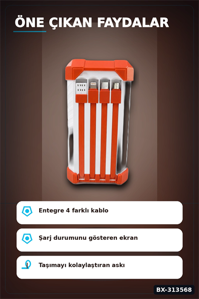 Dijital Ekranli 60000mAh 4 Kablolu Powerbank 22.5W Hizli Sarj Coklu Cikisli BX-313568