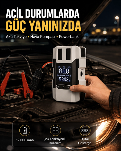 Dijital Ekranlı Araç Pompası Akü Takviye Powerbank 12.000 mAh Yeni Nesil