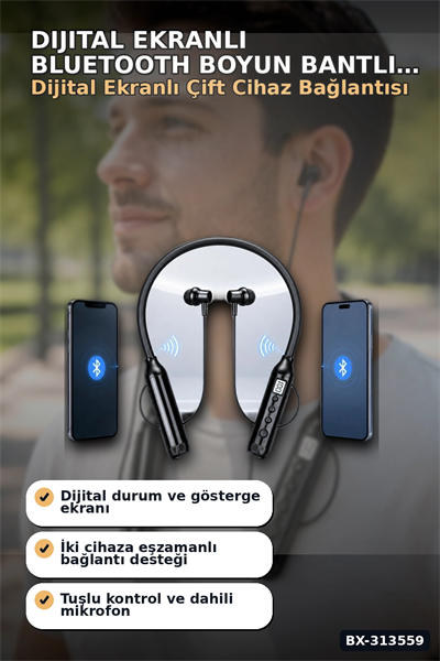 Dijital Ekranlı Boyun Bantlı Bluetooth Kulaklık Mikrofonlu Çift Cihaz Bağlantılı Kablosuz BX-313559