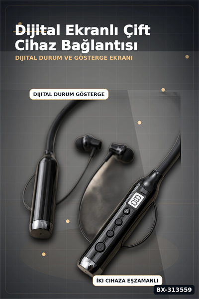 Dijital Ekranlı Boyun Bantlı Bluetooth Kulaklık Mikrofonlu Çift Cihaz Bağlantılı Kablosuz BX-313559