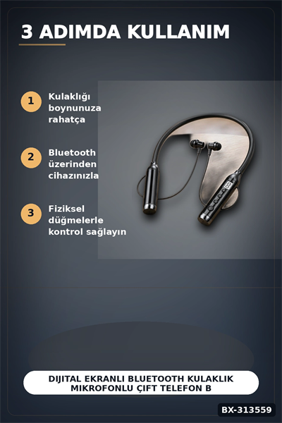 Dijital Ekranlı Boyun Bantlı Bluetooth Kulaklık Mikrofonlu Çift Cihaz Bağlantılı Kablosuz BX-313559
