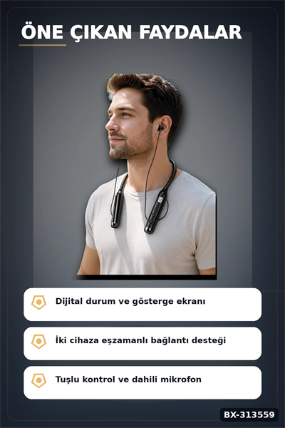 Dijital Ekranlı Boyun Bantlı Bluetooth Kulaklık Mikrofonlu Çift Cihaz Bağlantılı Kablosuz BX-313559