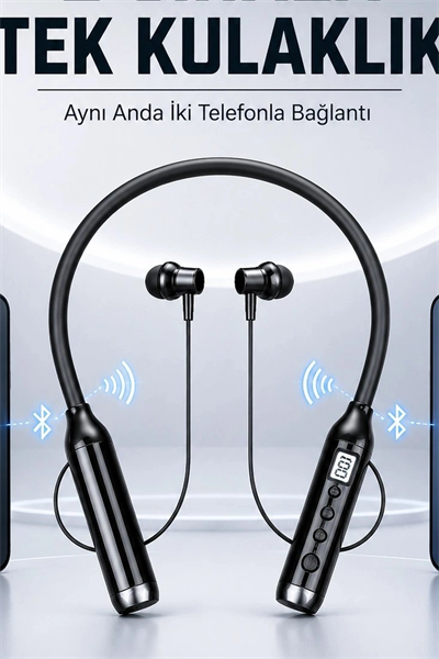 Dijital Ekranlı Boyun Bantlı Bluetooth Kulaklık Mikrofonlu Çift Cihaz Bağlantılı Kablosuz BX-313559