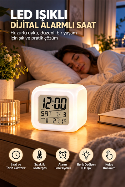 Dijital Ekranlı Küp Saat LED Işıklı Alarm ve Sıcaklık Göstergeli