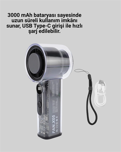 Dijital Ekranlı Şarjlı Mini Fan 100 Kademeli Hız Ayarı