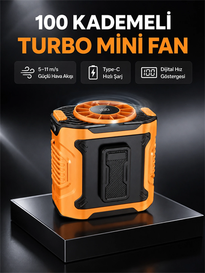 Dijital Ekranlı Turbo Mini Fan – 3 Kademeli Hız, Sessiz Çalışma ve Type-C Şarj