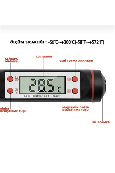Dijital Gida Termometresi - Yogurt Süt Su Mama Et ve Yiyecek Sicaklik Yemek Isi Ölçer Paslanmaz