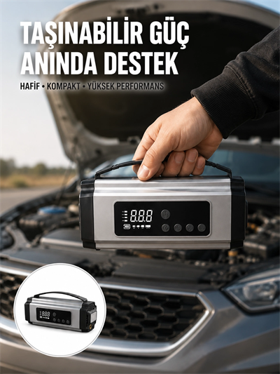 Dijital Göstergeli Akü Takviye Cihazı Lastik Şişirme Powerbank ve LED Işık Özellikli Yeni Nesil