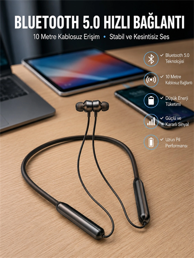 Dijital Göstergeli Kulak İçi Kablosuz Bluetooth Kulaklık Boyun Bantlı Yeni Nesil