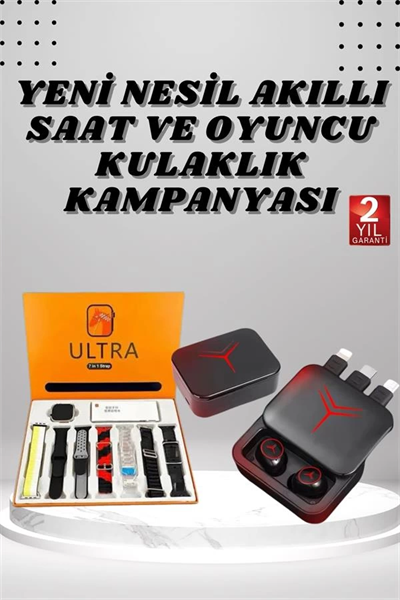 Dijital Göstergeli Powerbank Kablosuz Kulaklık ve 7 Kordonlu Yeni Nesil Akıllı Saat Dokunmatik Kontrol