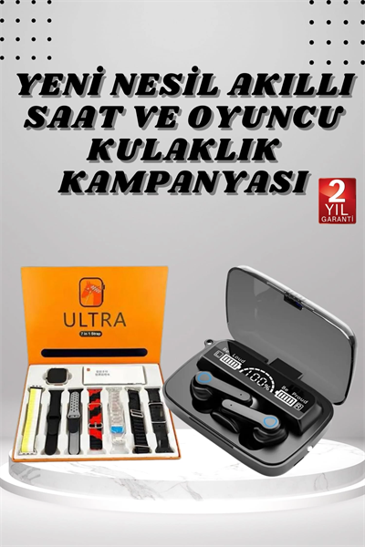 Dijital Göstergeli Powerbank Kulaklık ve 7 Kordonlu Yeni Nesil Akıllı Saat Amoled Ekran