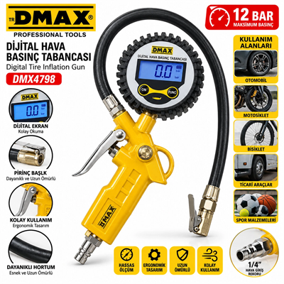 Dijital Hava Ölçme - Lastik Şişirme Tabancası 12 Bar Basınçlı - 1/4 Rekor Dmx-4798 Bx40
