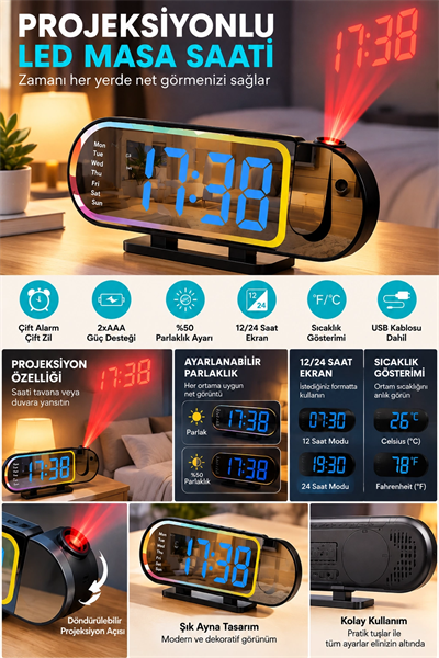 Dijital LED Masa Saati Masaüstü Alarm Saati Parlaklık Ayarlı Sıcaklık ve 12 24 Saat Göstergeli