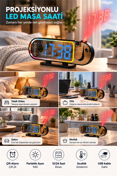 Dijital LED Masa Saati Masaüstü Alarm Saati Parlaklık Ayarlı Sıcaklık ve 12 24 Saat Göstergeli