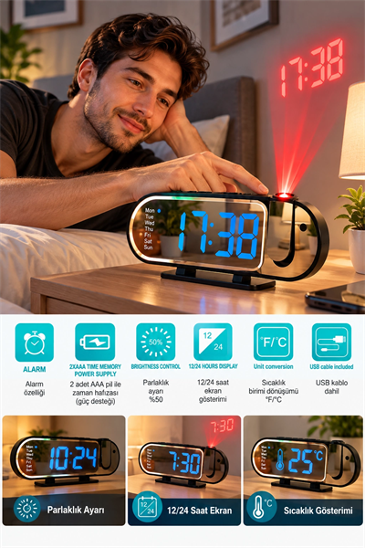 Dijital LED Masa Saati Masaüstü Alarm Saati Parlaklık Ayarlı Sıcaklık ve 12 24 Saat Göstergeli